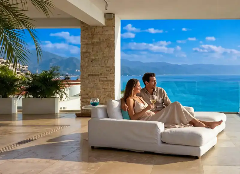 Artist’s impression of a sea-facing living room and deck